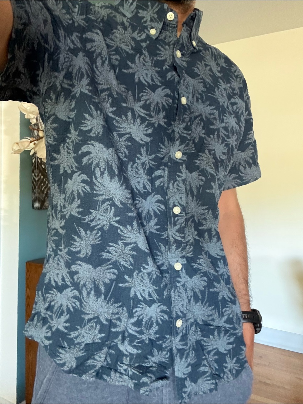 Jachs Navy Blue Palm Leaf Short Sleeve Button-Down Shirt